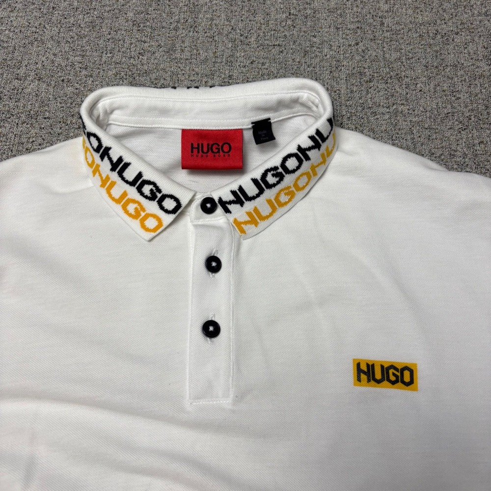 Hugo Boss Polo Shirt Mens Large White Logo Collar Short Sleeve Pique Tennis Golf